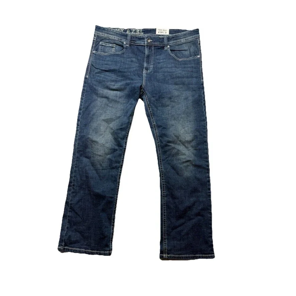 TK Axel Jeans Mens 38 x 32 Blue Denim Slim Boot Medium Wash Embroidered Y2K